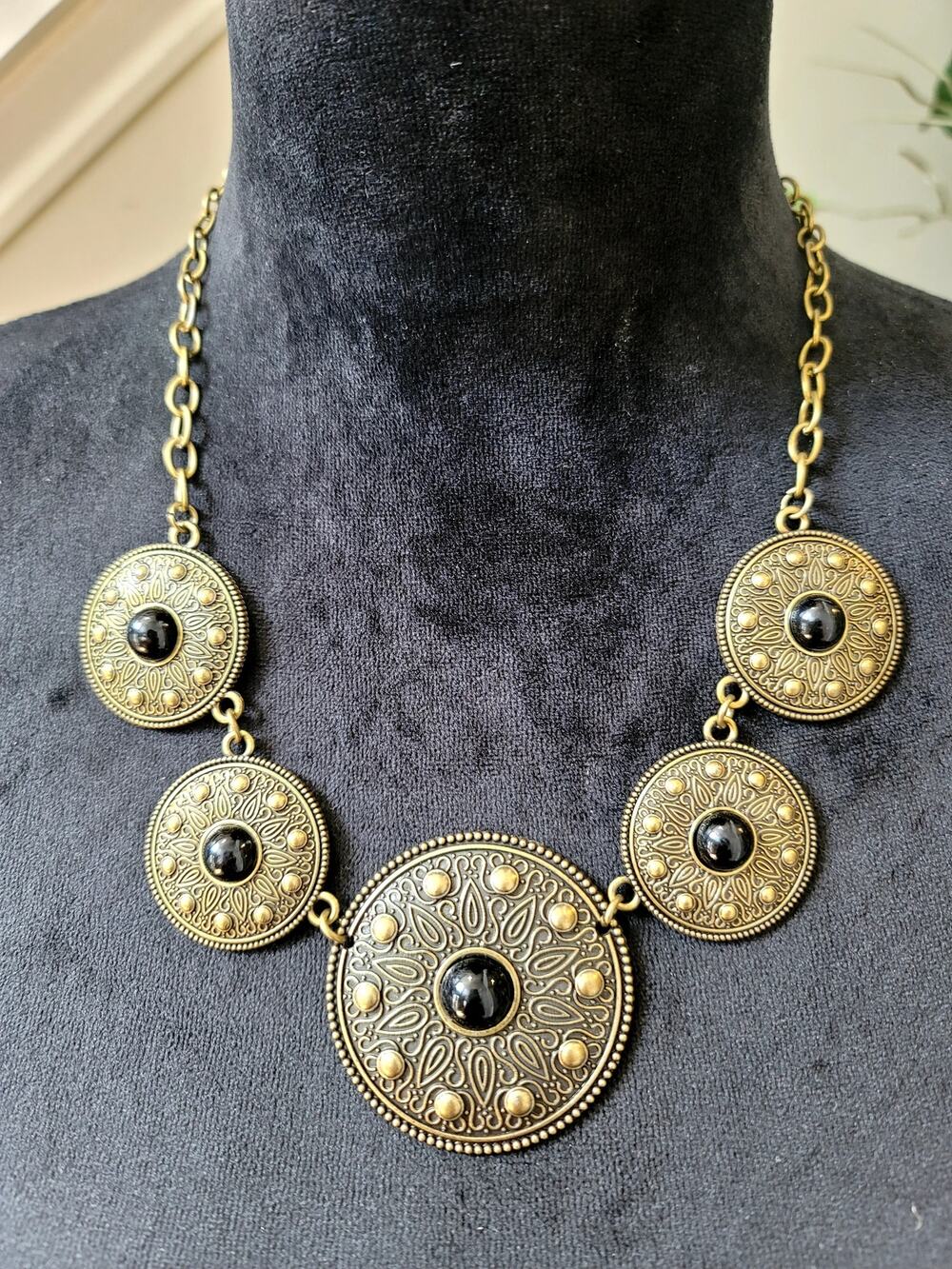 Antique Gold Tone Black Medallion Statement Necklace Boho Fashion Jewelry